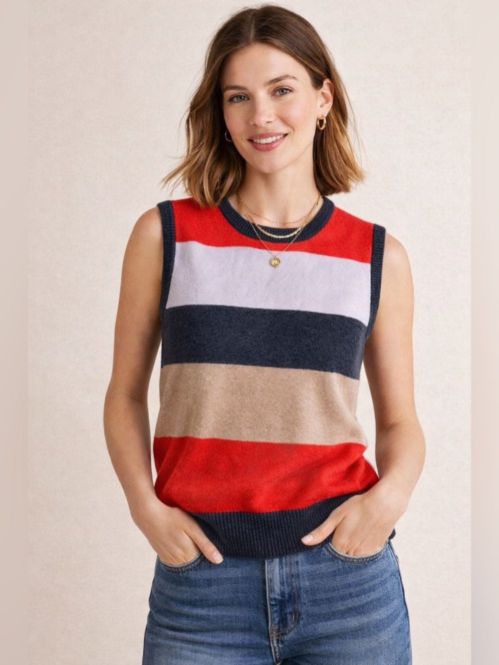 Boden Cashmere Blend Sweater Vest Striped Sleeveless Knit Size Medium